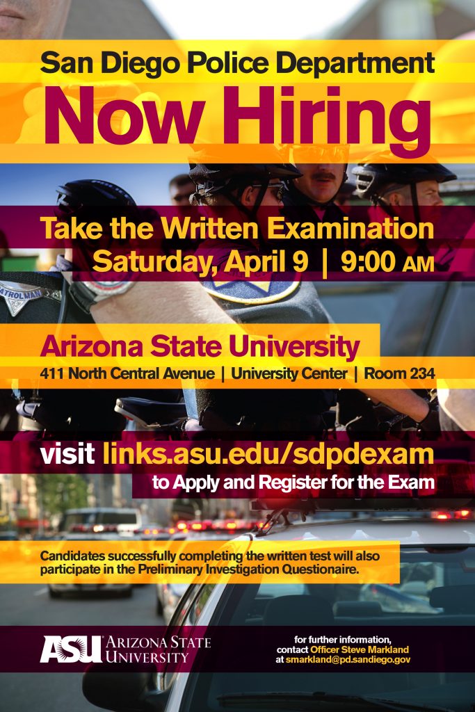 Arizona State University SDPD Hiring Exam Event Poster